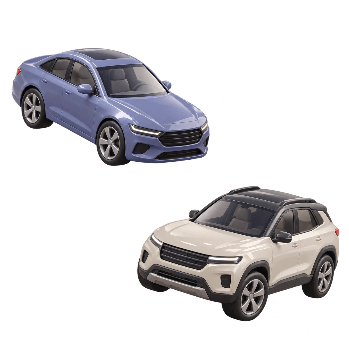 A sedan and an SUV shown side by side for comparison